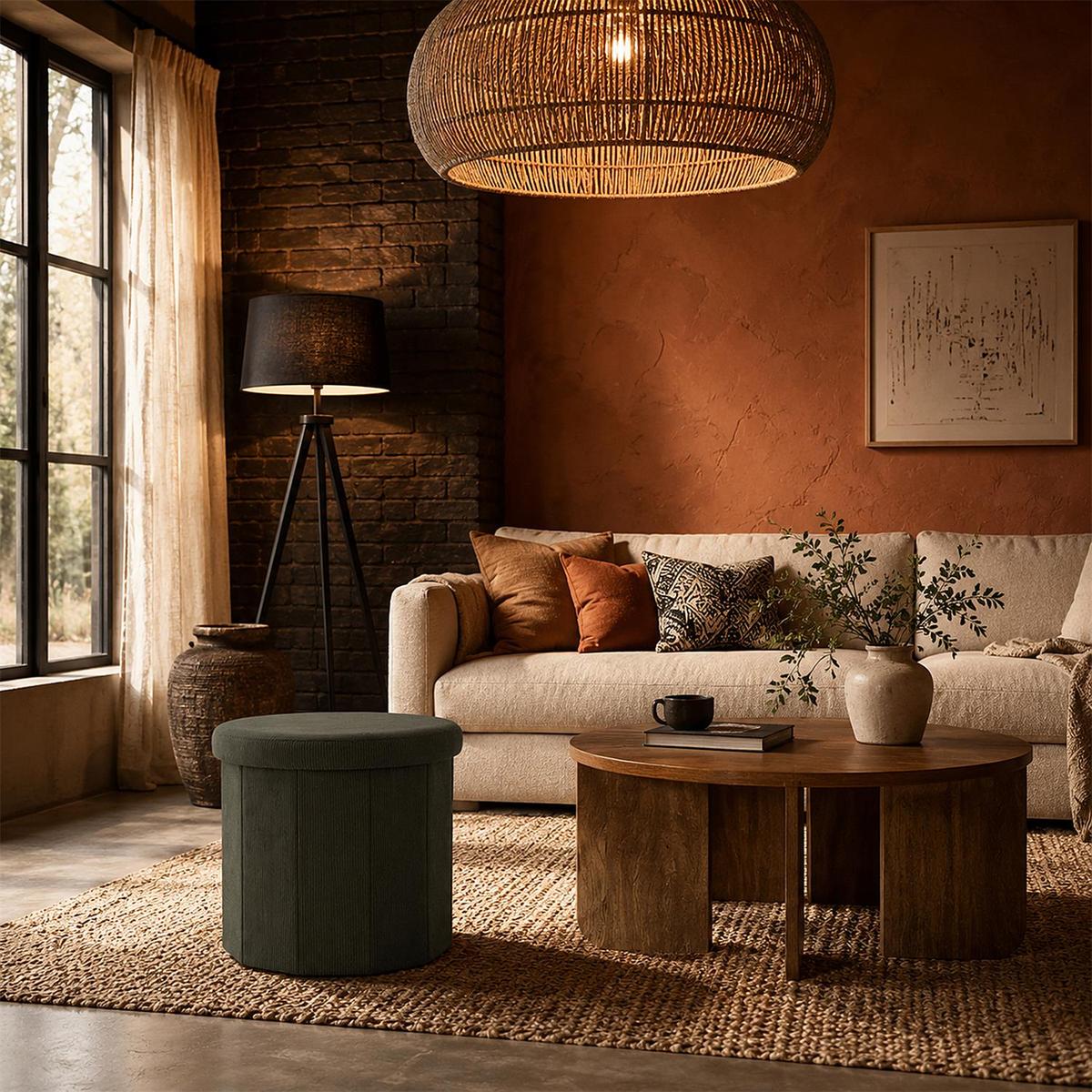 Opbergpouf COLLETE Rond Rib Kaki
