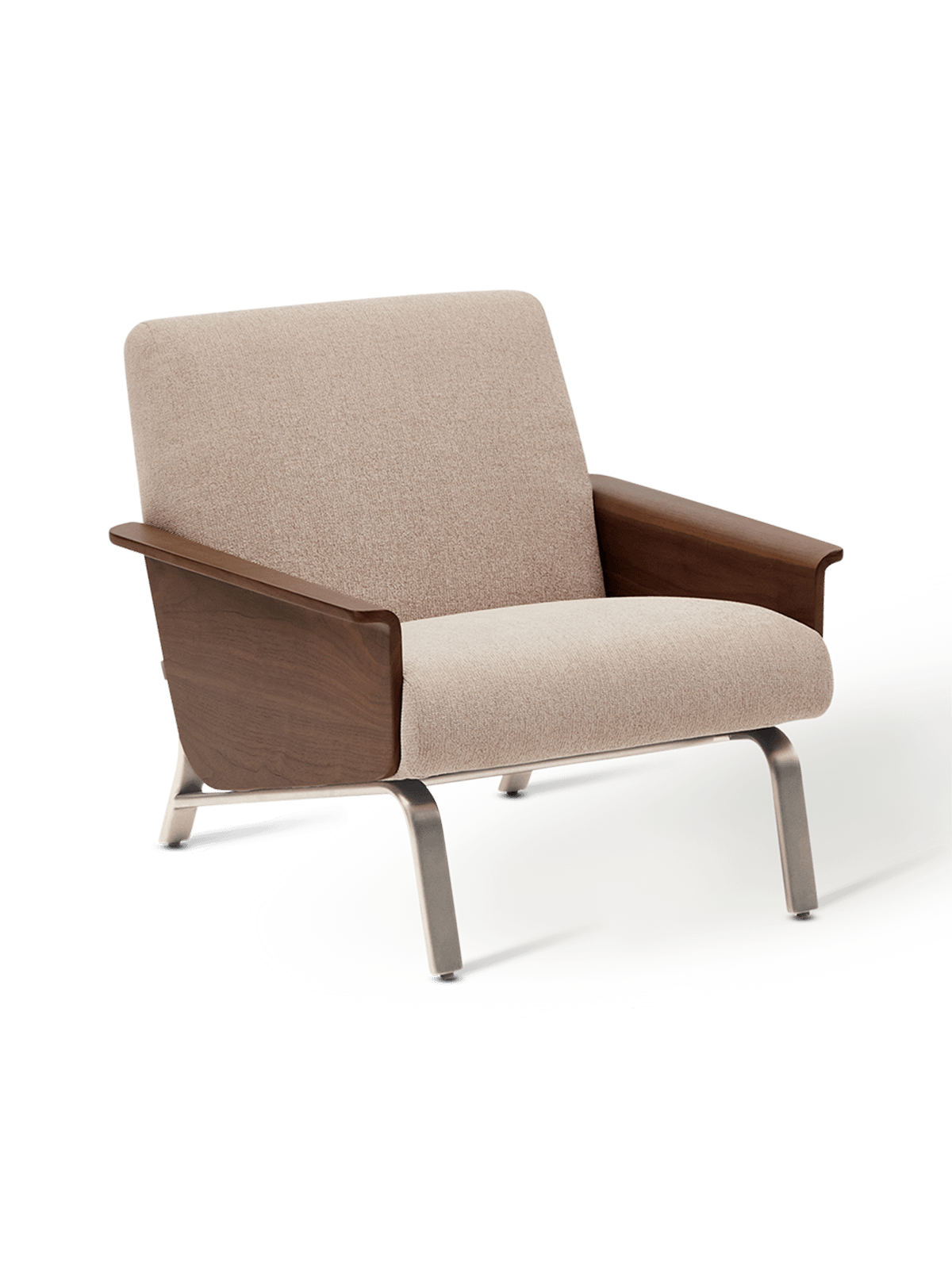 Amsen fauteuil in lichtbruin met walnoten multiplex en poten van geborsteld roestvrij staal