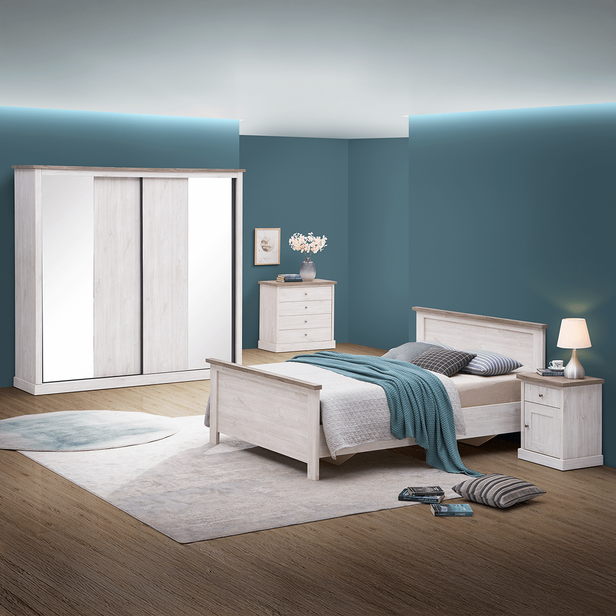 Slaapkamer JASNA: Kleerkast Schuifdeuren B225 + Bed 160x200 + 2x Nachttafel