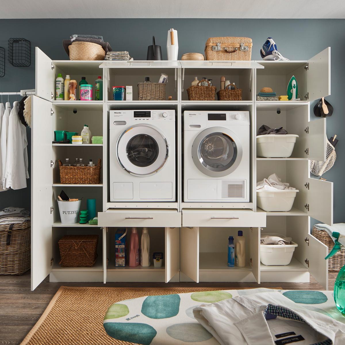 Wasruimteset LAUNDRY: Bergkast + Opzetkast smal X2 + Wasmachinekast laag X2 + Opzetkast breed X2 + Linnenkast