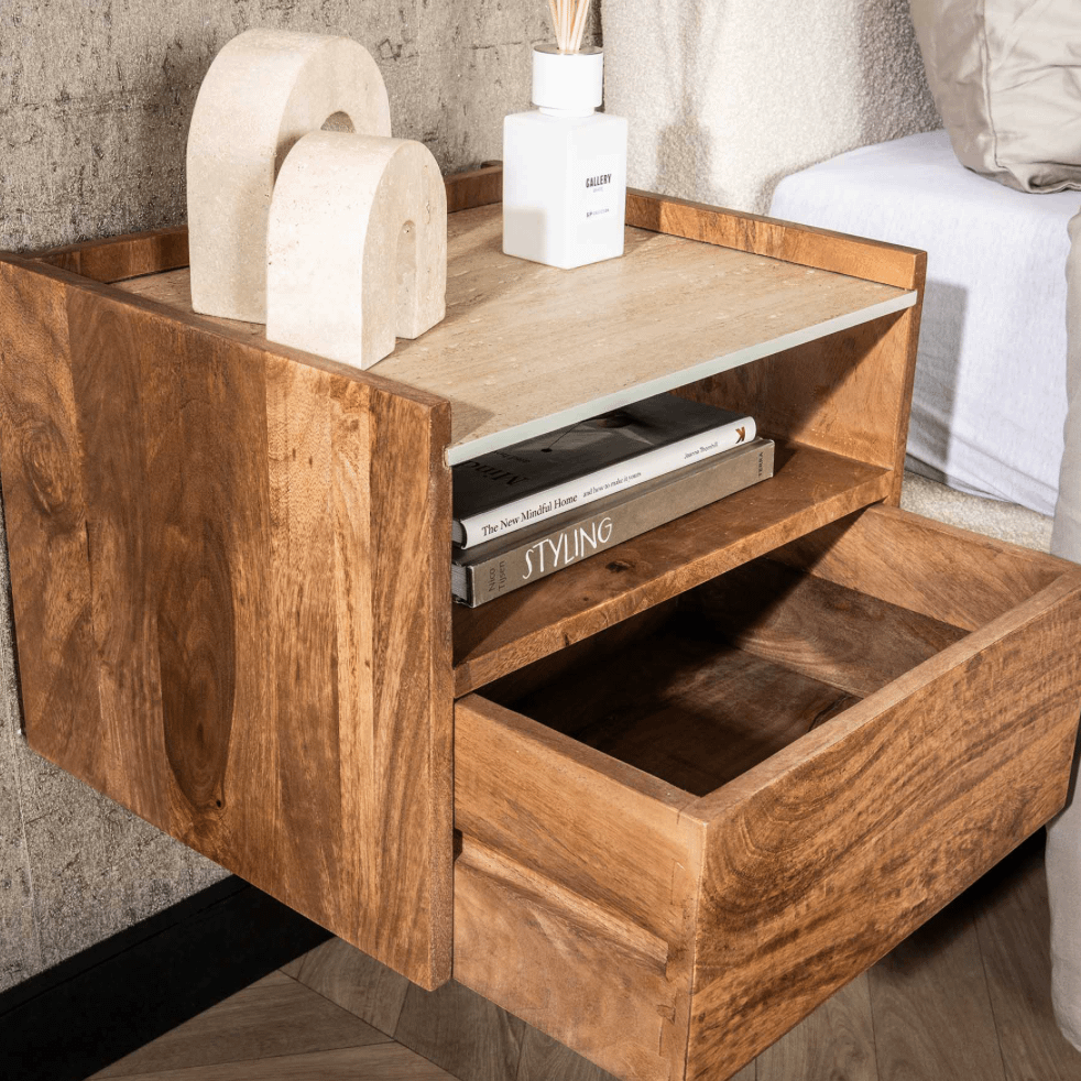 Nachttafel FIDEL Hangend Mango/Travertin Nachttafel FIDEL Hangend Mango/Travertin