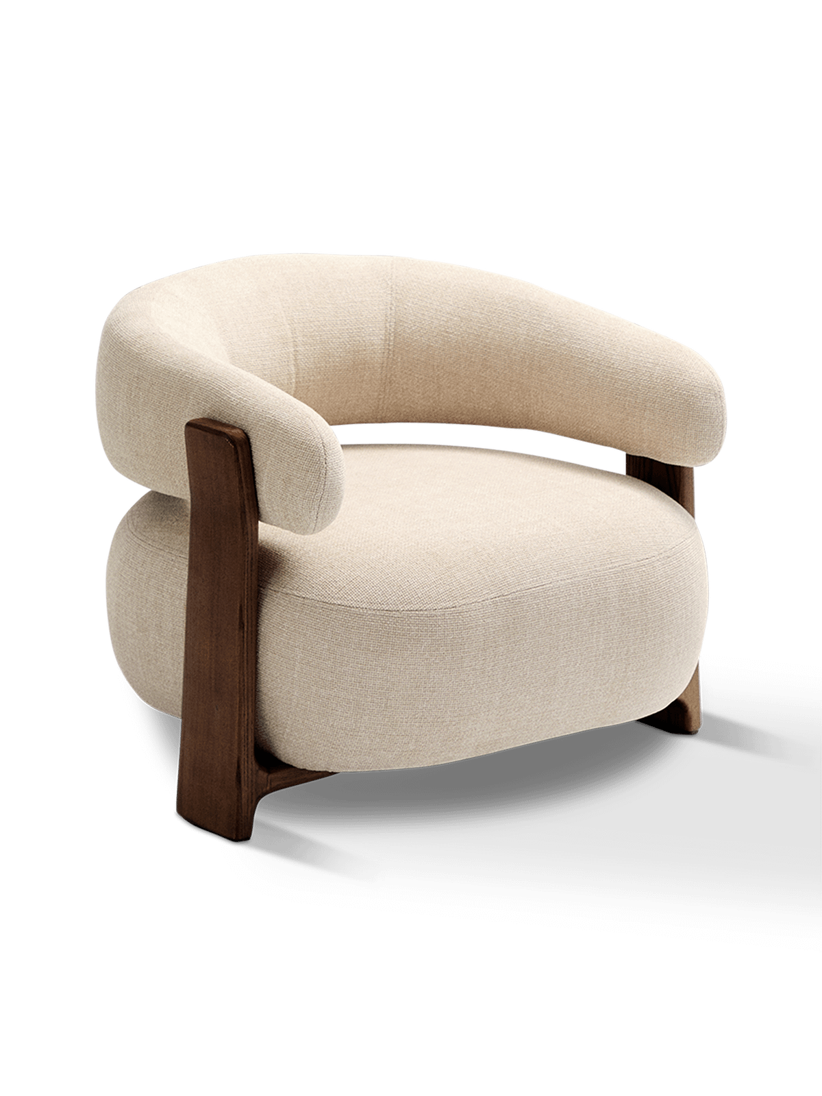 Granite fauteuil in beige chenille en poten van massief essenhout in noten afwerking FSC 100%