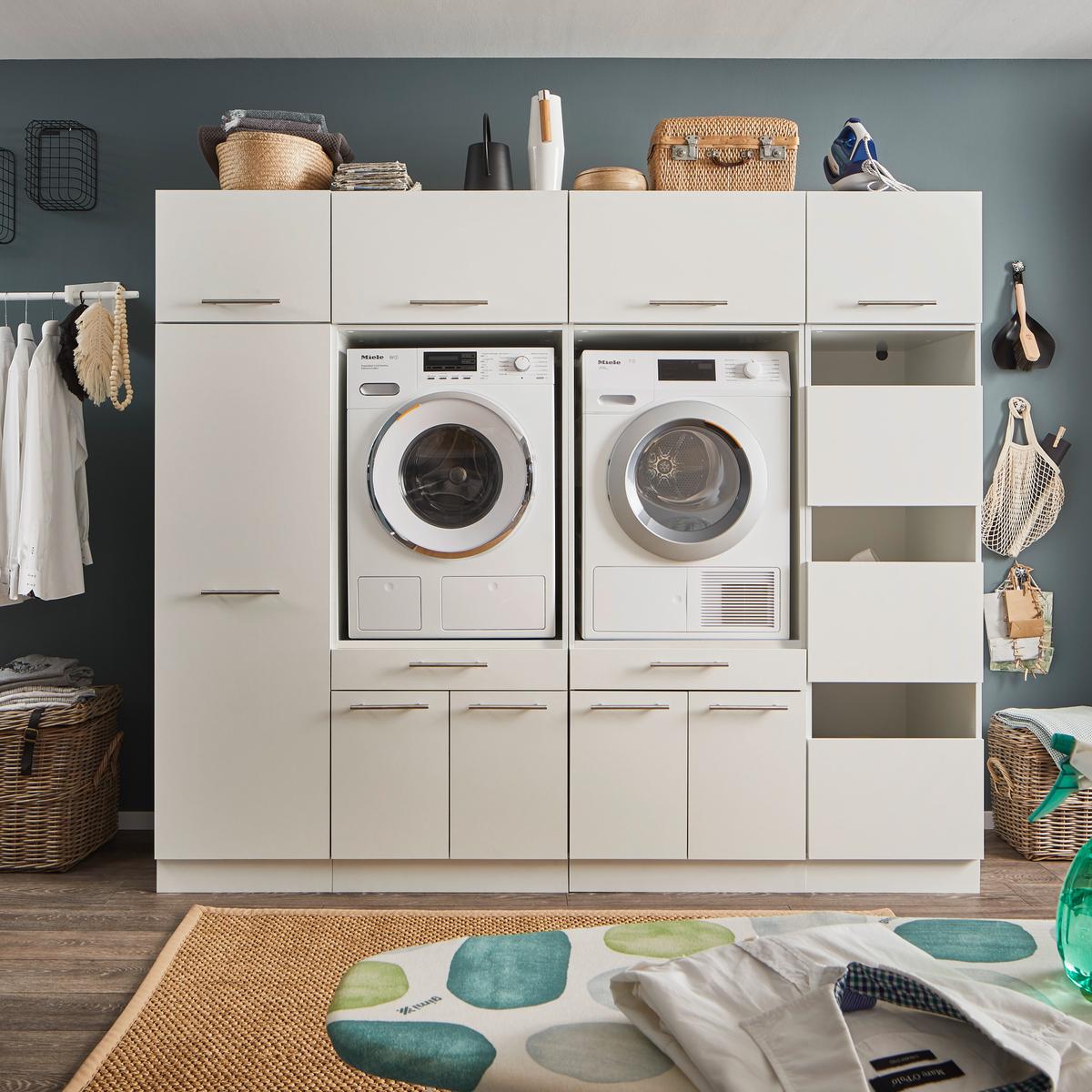 Wasruimteset LAUNDRY: Bergkast + Opzetkast smal X2 + Wasmachinekast laag X2 + Opzetkast breed X2 + Linnenkast