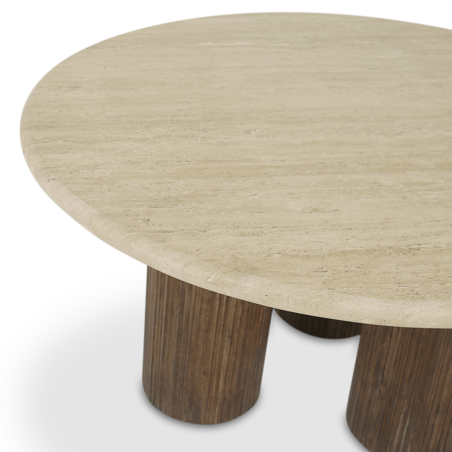 Salontafel PURNIMA Ø90 Travertijn/Mango Donkerbruin Salontafel PURNIMA Ø90 Travertijn/Mango Donkerbruin