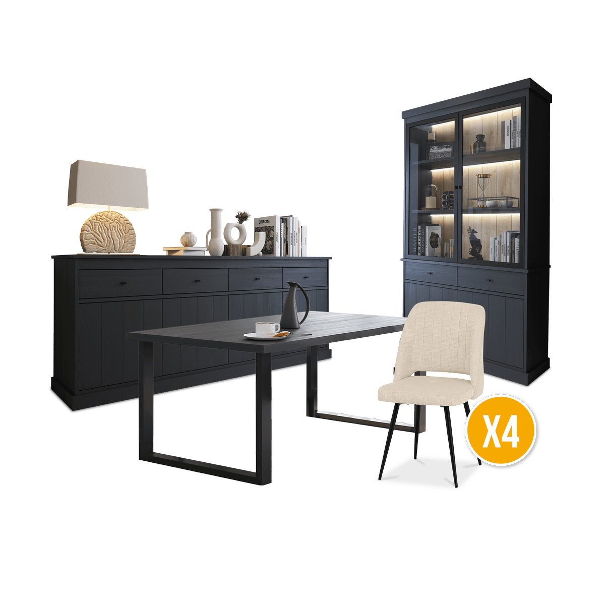 Eetkamer CASTELLO: Dressoir + Vitrinekast + Eettafel 210 + 4x Stoelen ALBA Plume