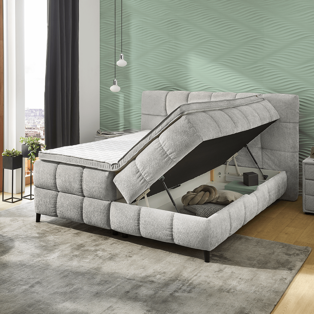 Boxspring HENGELO 180/200 met Opberg Lichtgrijs