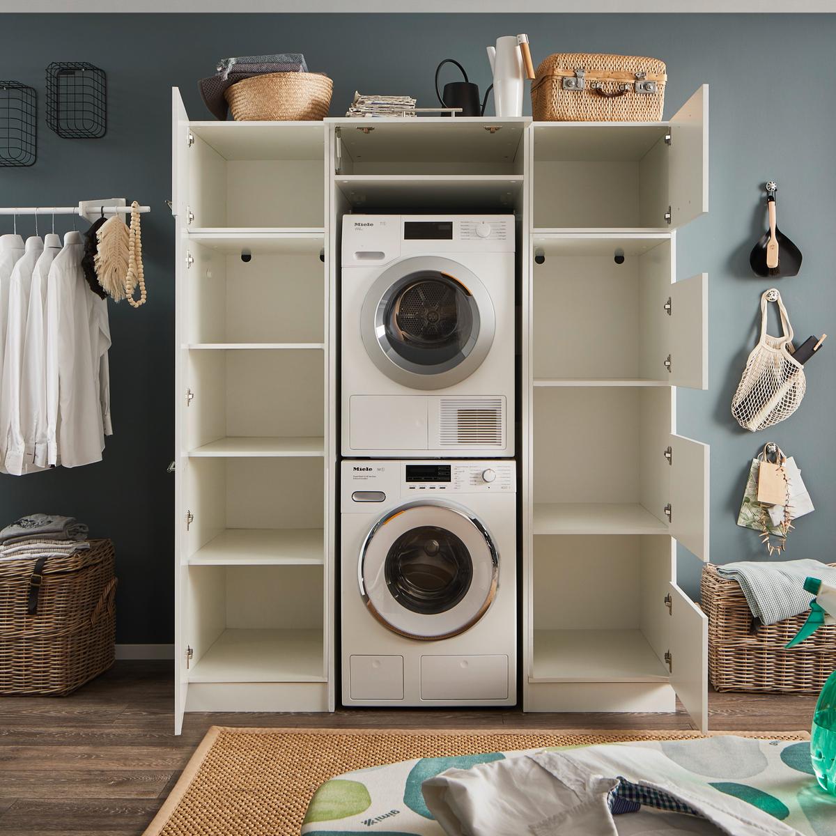 Wasruimteset LAUNDRY: Bergkast + Opzetkast smal X2 + Wasmachinekast hoog + Linnenkast