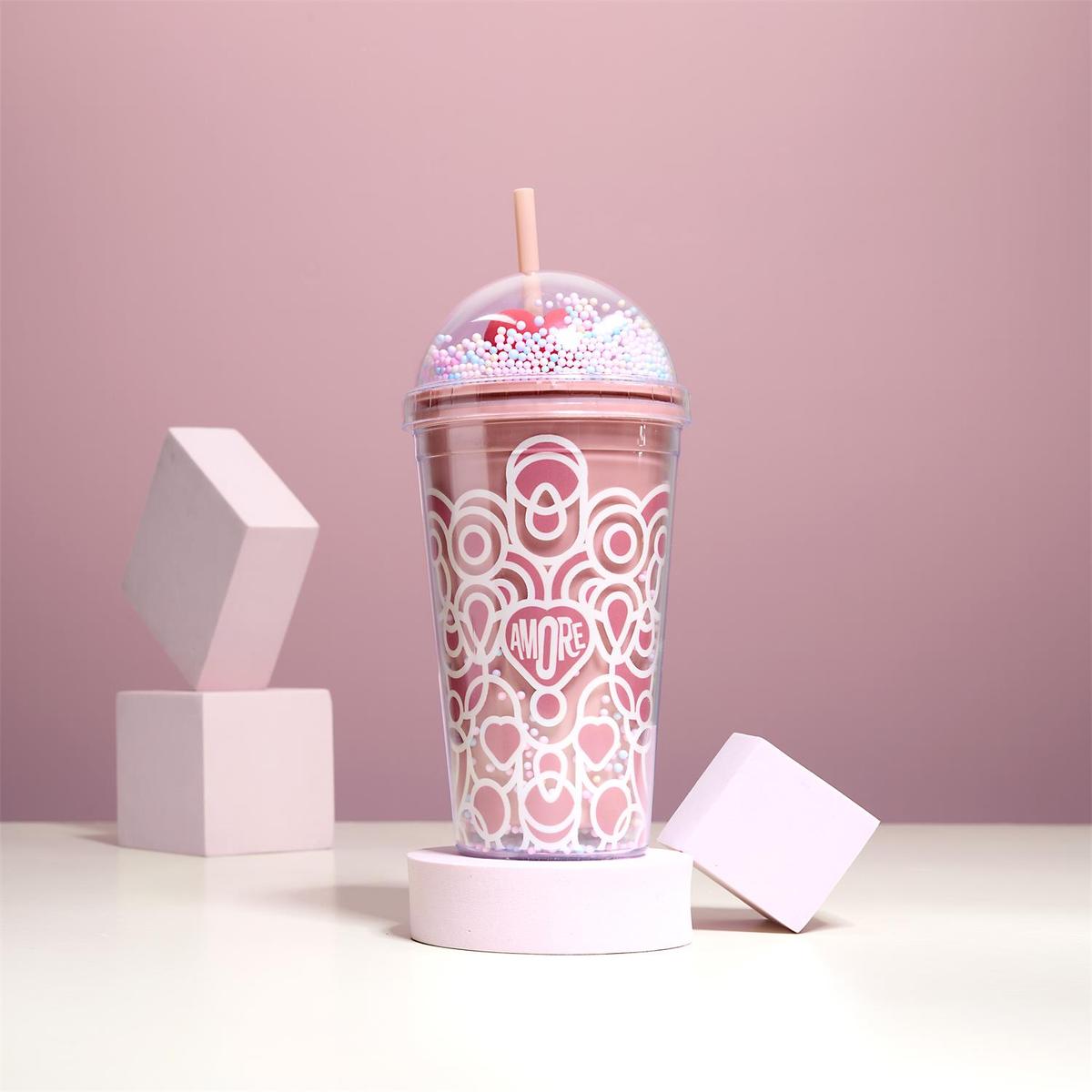 Drinkbeker met Rietje AMORE 45cl Roze