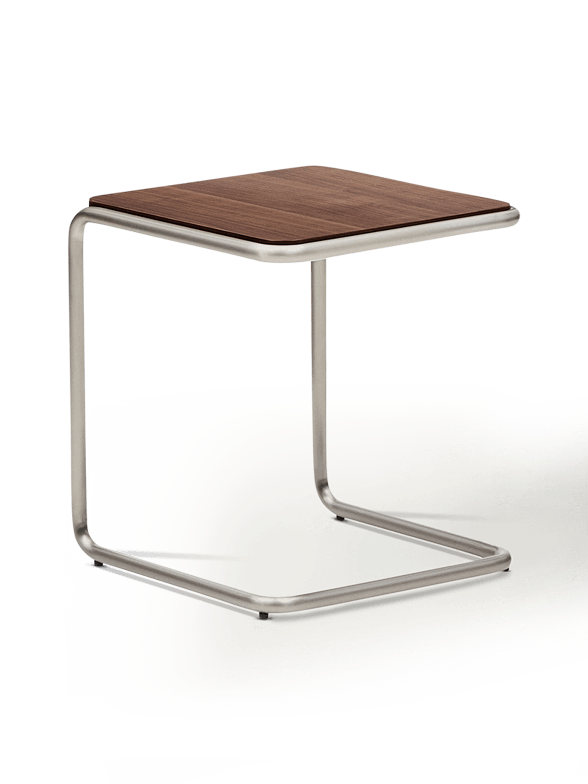 Tarsel bijzettafel van walnootfineer met een geborsteld roestvrij stalen frame 42 x 47 cm