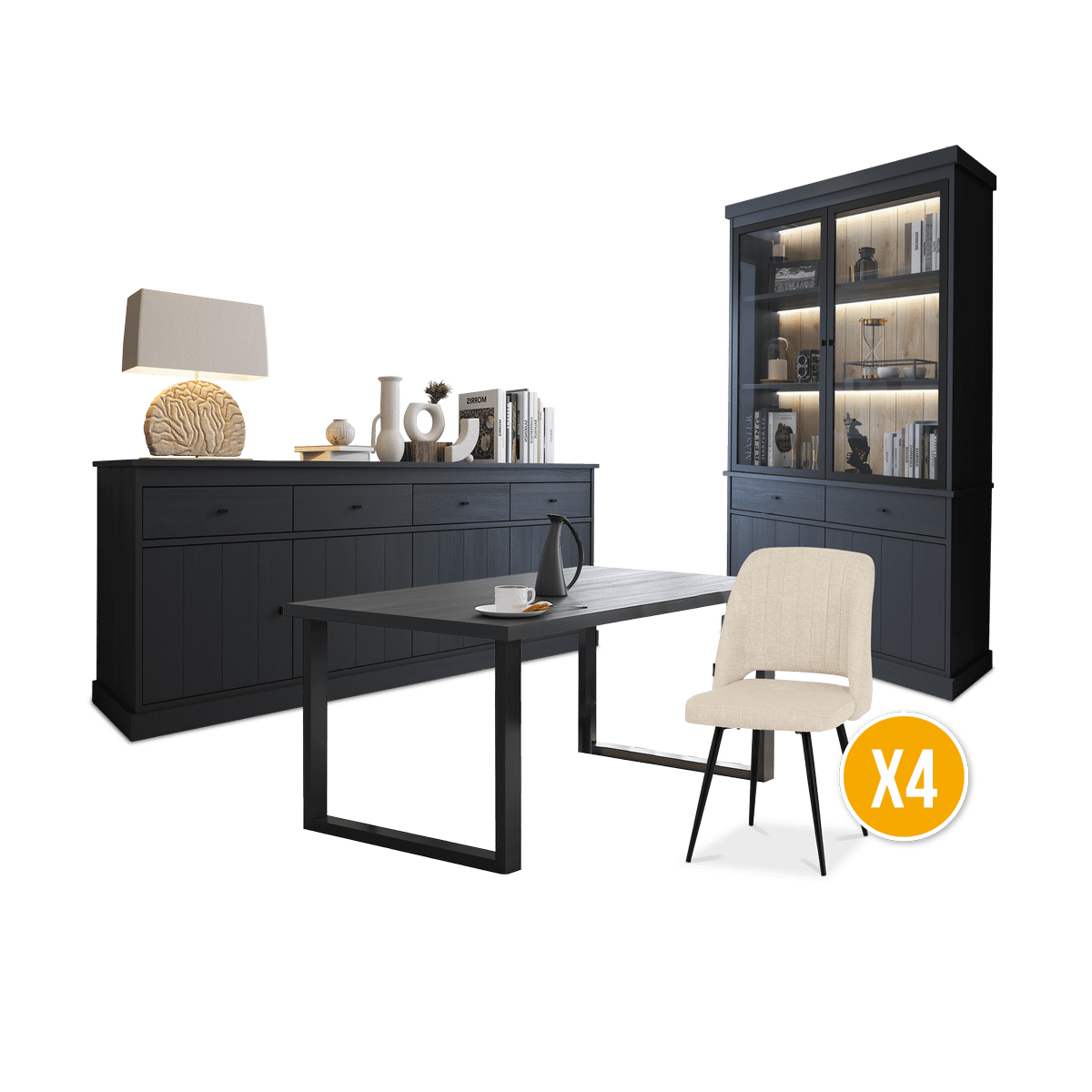 Eetkamer CASTELLO: Dressoir + Vitrinekast + Eettafel 180 + 4x Stoelen ALBA Plume