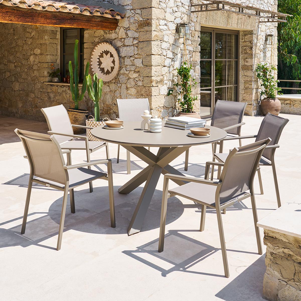 SET: Tuintafel Mezzano Café Ø130 + 6x Tuinstoel Durella Café
