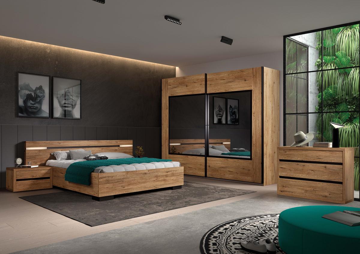 Slaapkamer LAFON: Kleerkast 245cm + Bed 180x200 + Commode + 2x Nachttafels
