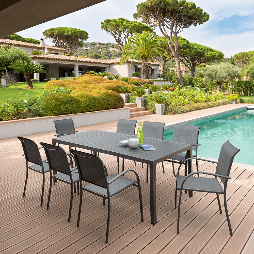 SET: Tuintafel RISERVA Grafiet 210x100 + 8x armstoel RISERVA Grafiet