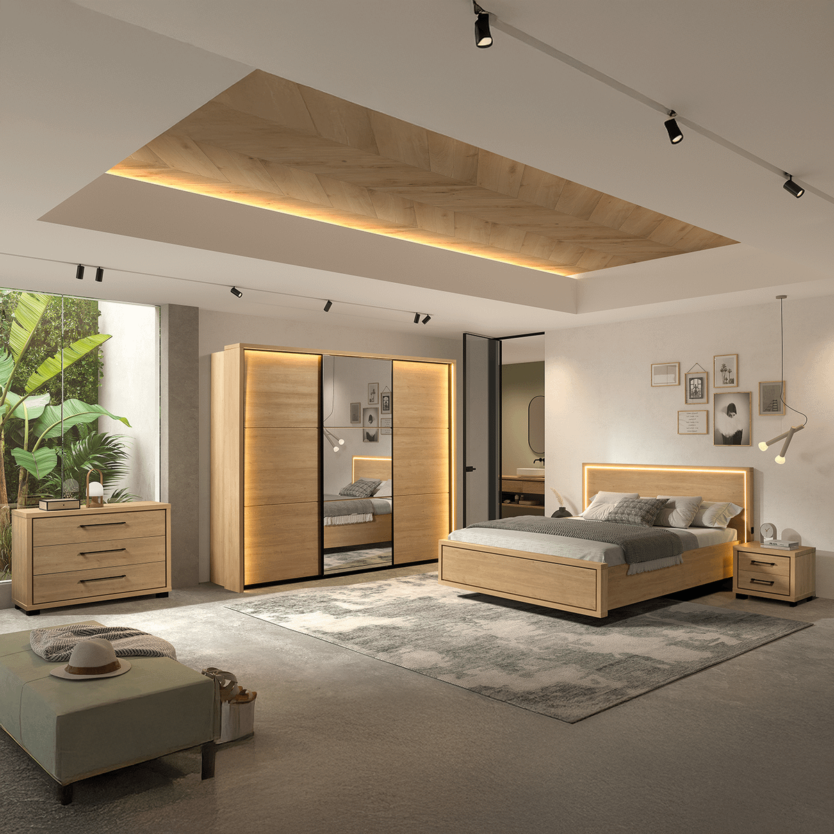 Slaapkamer SCARLETT: Kleerkast 253cm + Bed 140x200 + 2x Nachttafels + Commode