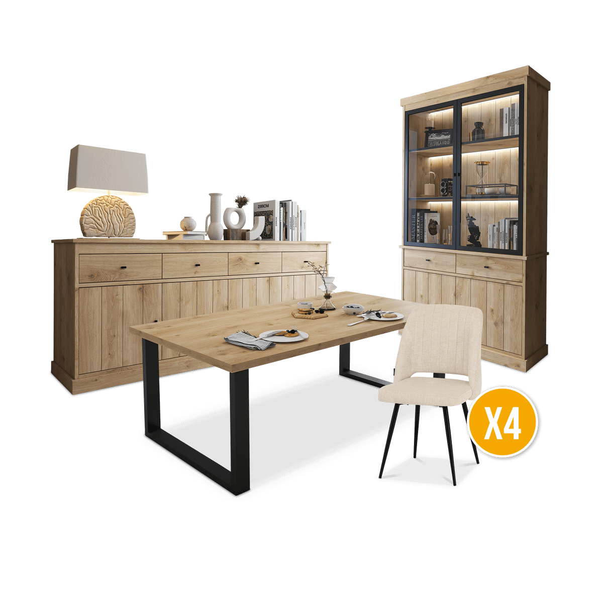 Eetkamer CASTELLO: Dressoir + Vitrinekast + Eettafel 210 + 4x Stoelen ALBA Plume