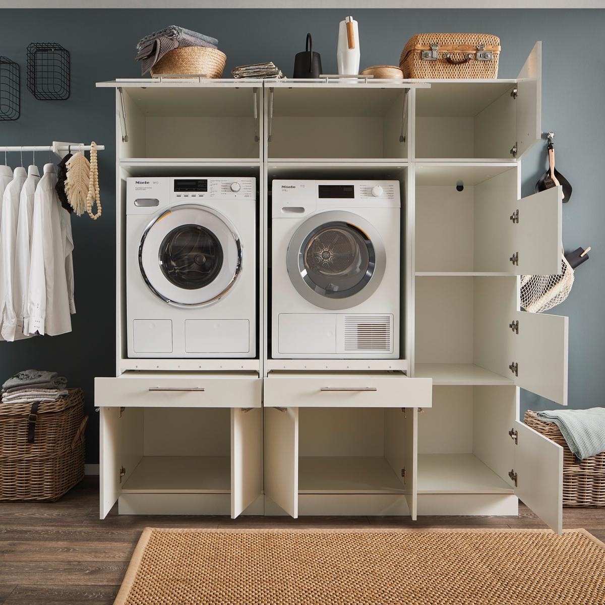 Wasruimteset LAUNDRY: Wasmachinekast laag X2 + Opzetkast breed X2 + Linnenkast + Opzetkast smal