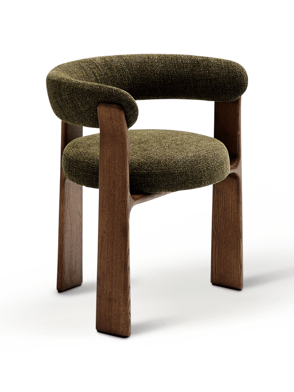 Granite stoel met 3 poten in groene chenille en massief essenhout in noten afwerking FSC 100%