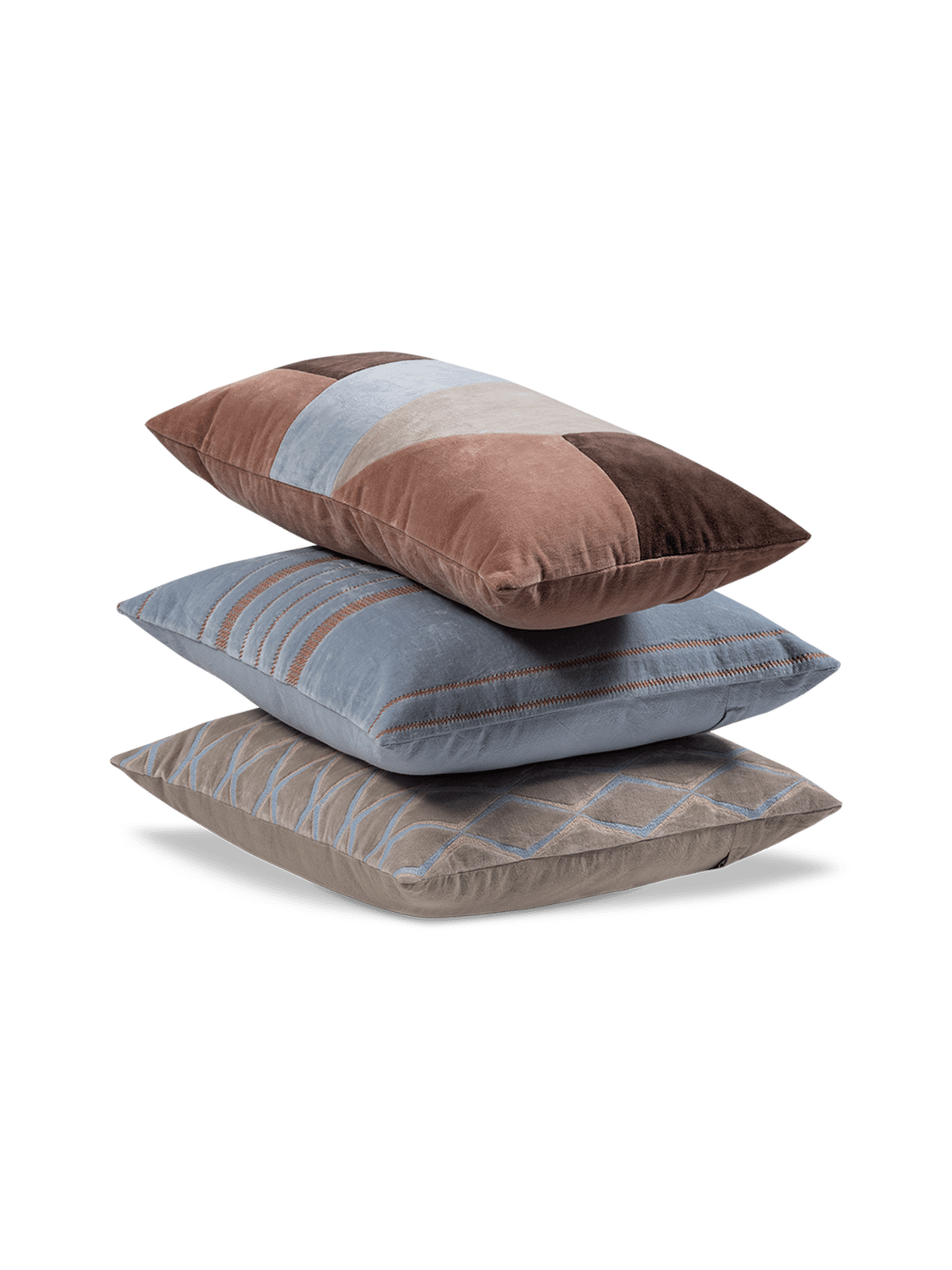 Kussens velvet naturel/blauw - set van 3