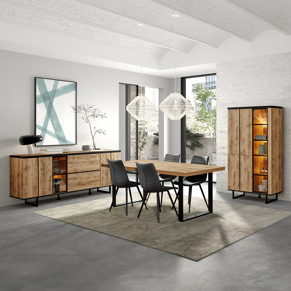 Eetkamer VIKTOR: Dressoir + Glaskast + Eettafel ABBEY 200x100 + 4x Stoelen LORRY Zwart