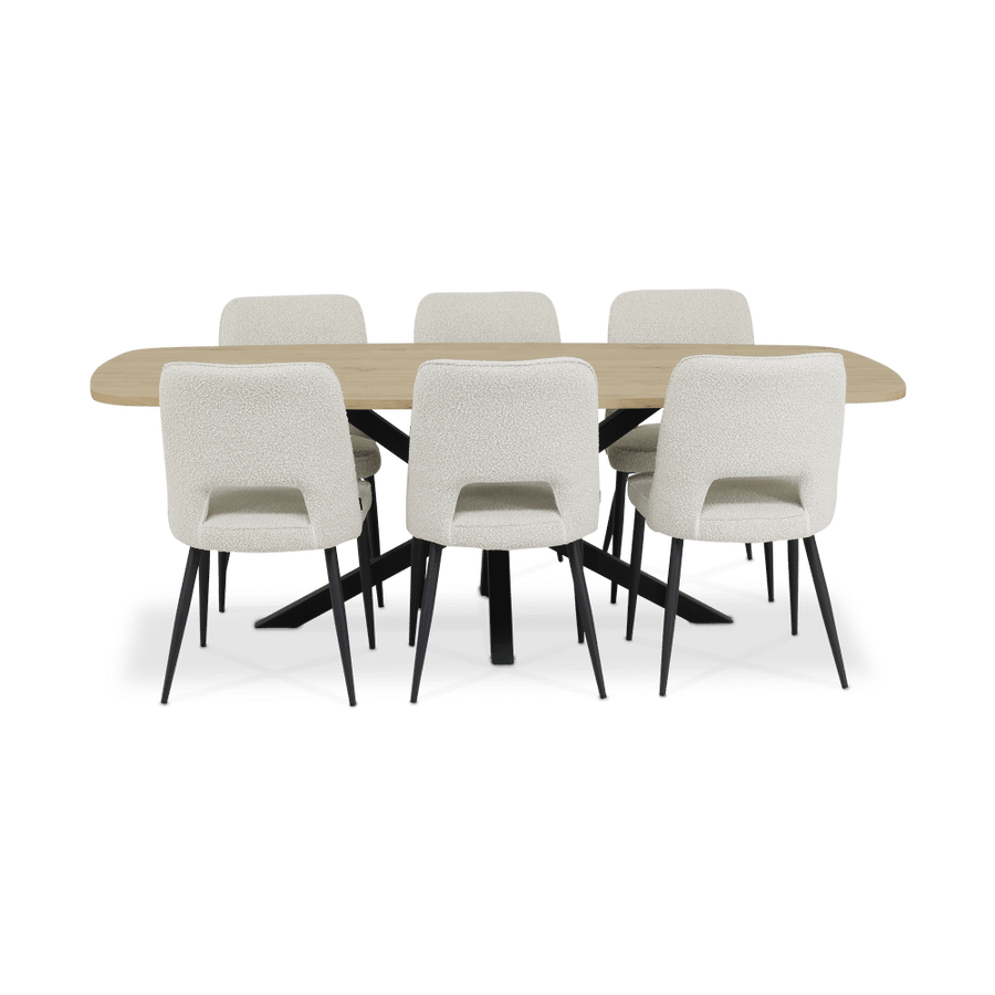Eetkamer JAKARTA: Dressoir + Barkast + Tafel 225x100 + 4x stoelen ALICIA Touch Pearl Eetkamer JAKARTA: Dressoir + Barkast + Tafel 225x100 + 4x stoelen ALICIA Touch Pearl