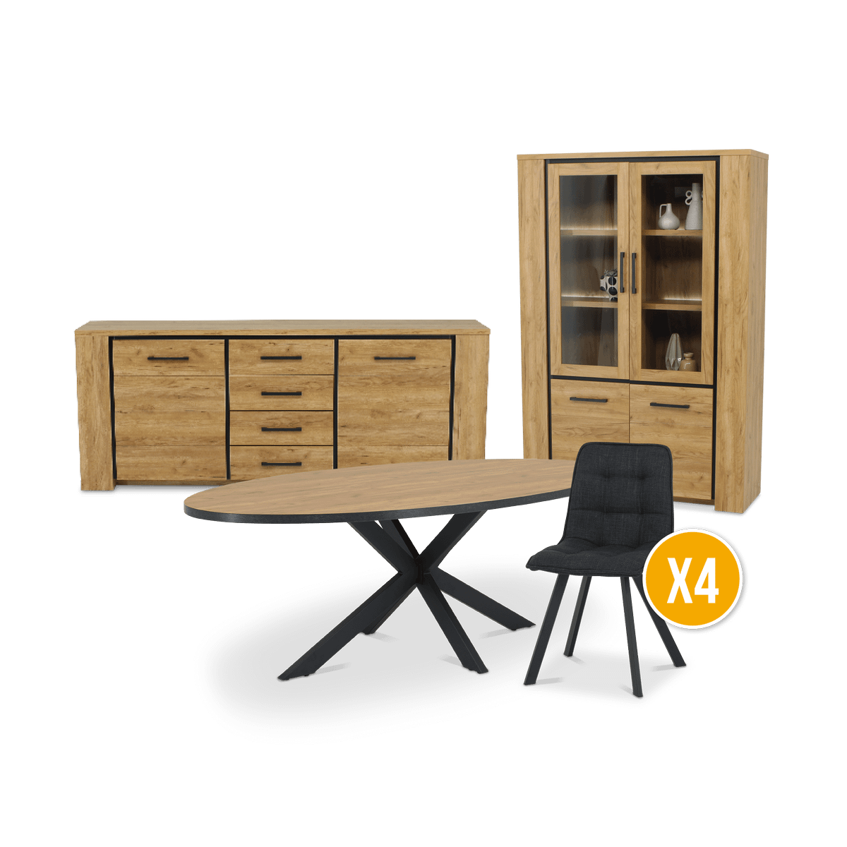 Eetkamer ANTONIO: Dressoir + Glaskast + Tafel 220x110 + 4x ALTEA Antraciet