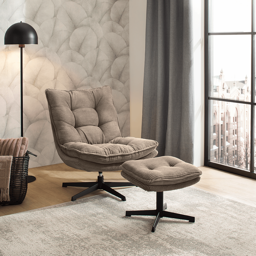 Draaizetel JOELLE met Poef Ribfluweel Taupe Draaizetel JOELLE met Poef Ribfluweel Taupe