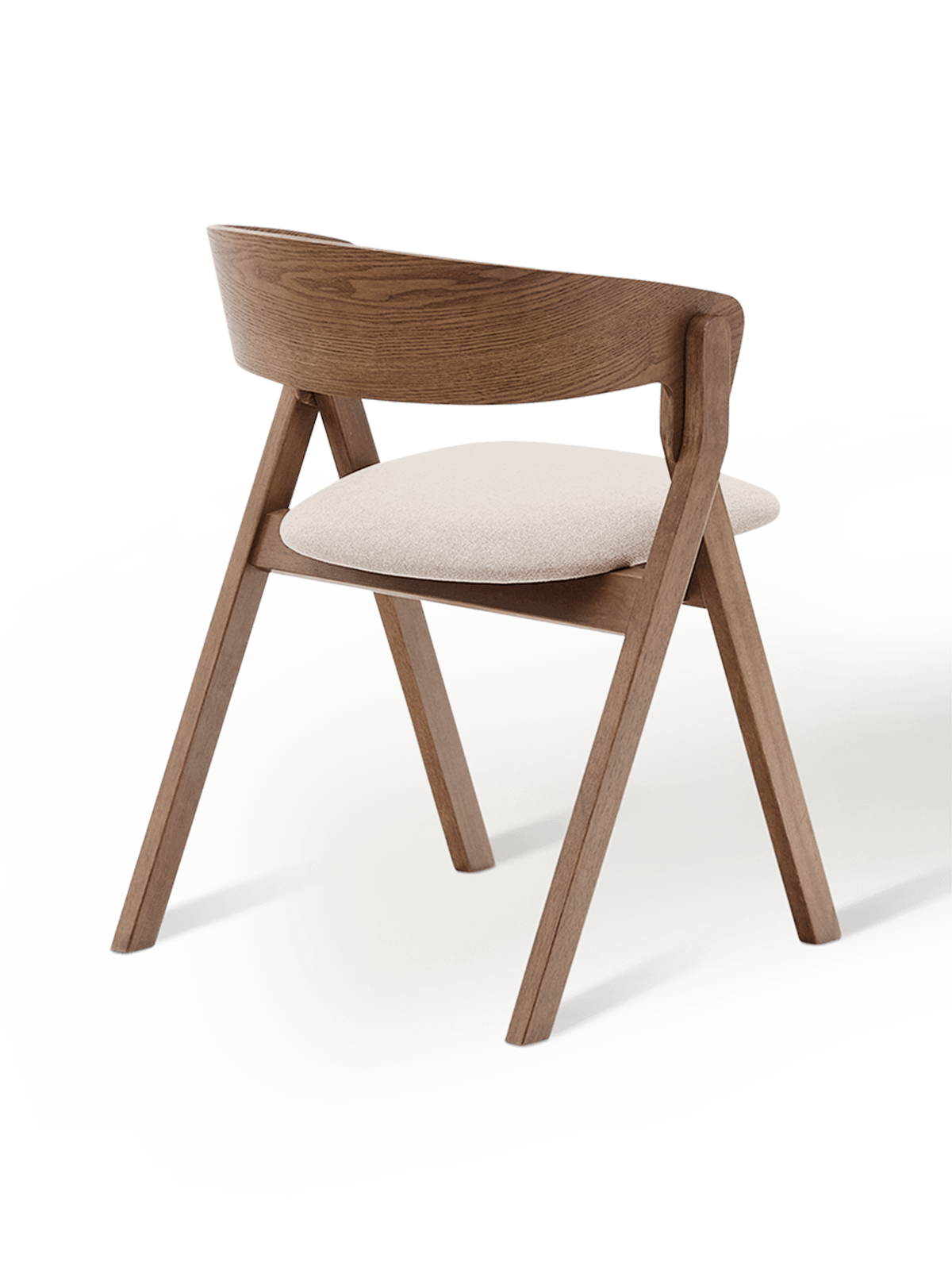 Godia stoel van essenhoutfineer met een wengé afwerking en beige chenille