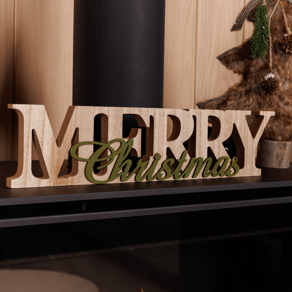Decowoord MERRY CHRISTMAS Hout Naturel/Goud