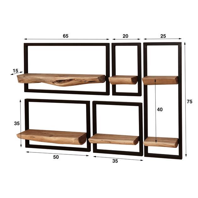 Wandplank CIRO set van 5 massief acacia/metaal zwart