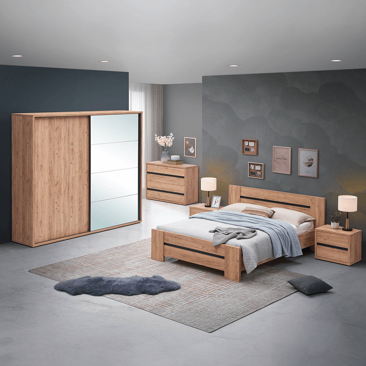Slaapkamer ZELDA: Kleerkast 240cm + Bed 140x200 + Commode + 2x Nachttafel B58
