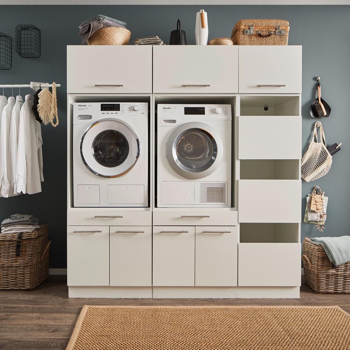 Wasruimteset LAUNDRY: Wasmachinekast laag X2 + Opzetkast breed X2 + Linnenkast + Opzetkast smal