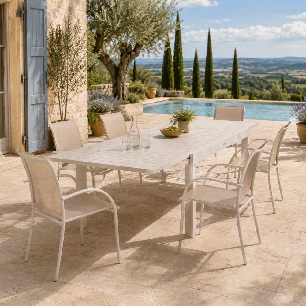 SET: Tuintafel RISERVA Beige 135/270x90 + 6x armstoel RISERVA Beige