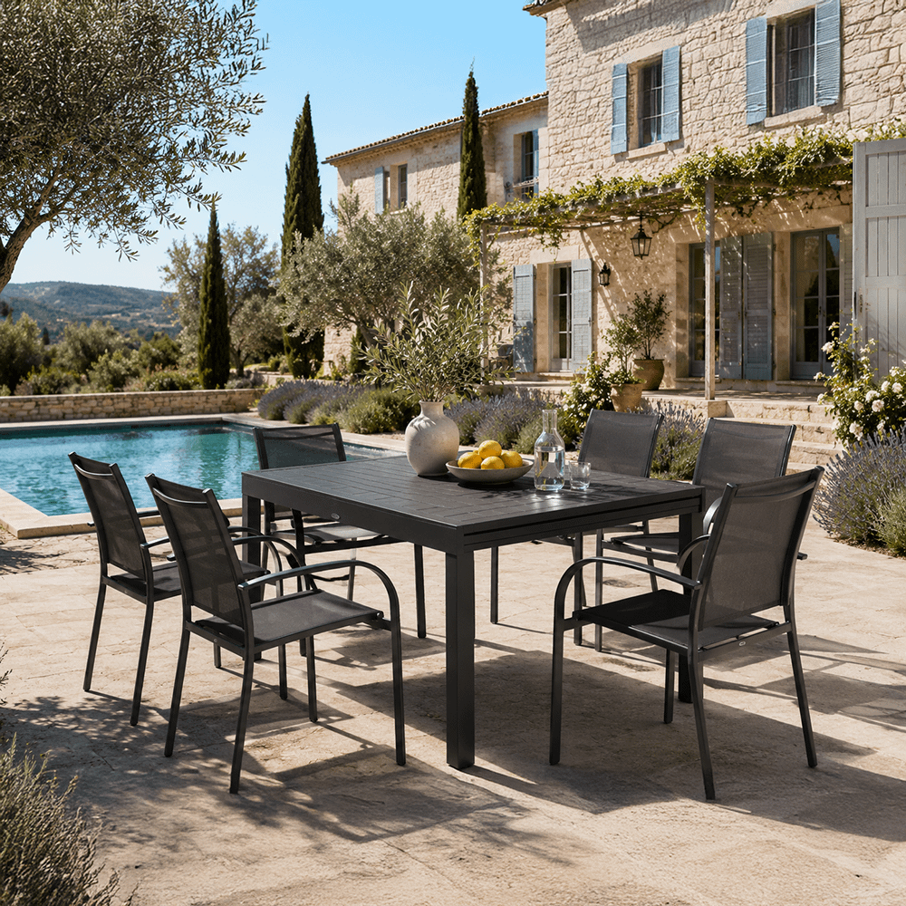 SET: Tuintafel RISERVA 135/270x90 + 6x armstoel RISERVA