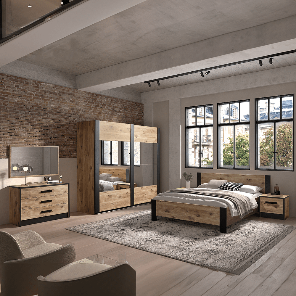 Slaapkamer ROSALIND: Kleerkast B245 + Bed 140x200 + Commode B110 + 2x Nachttafels B53