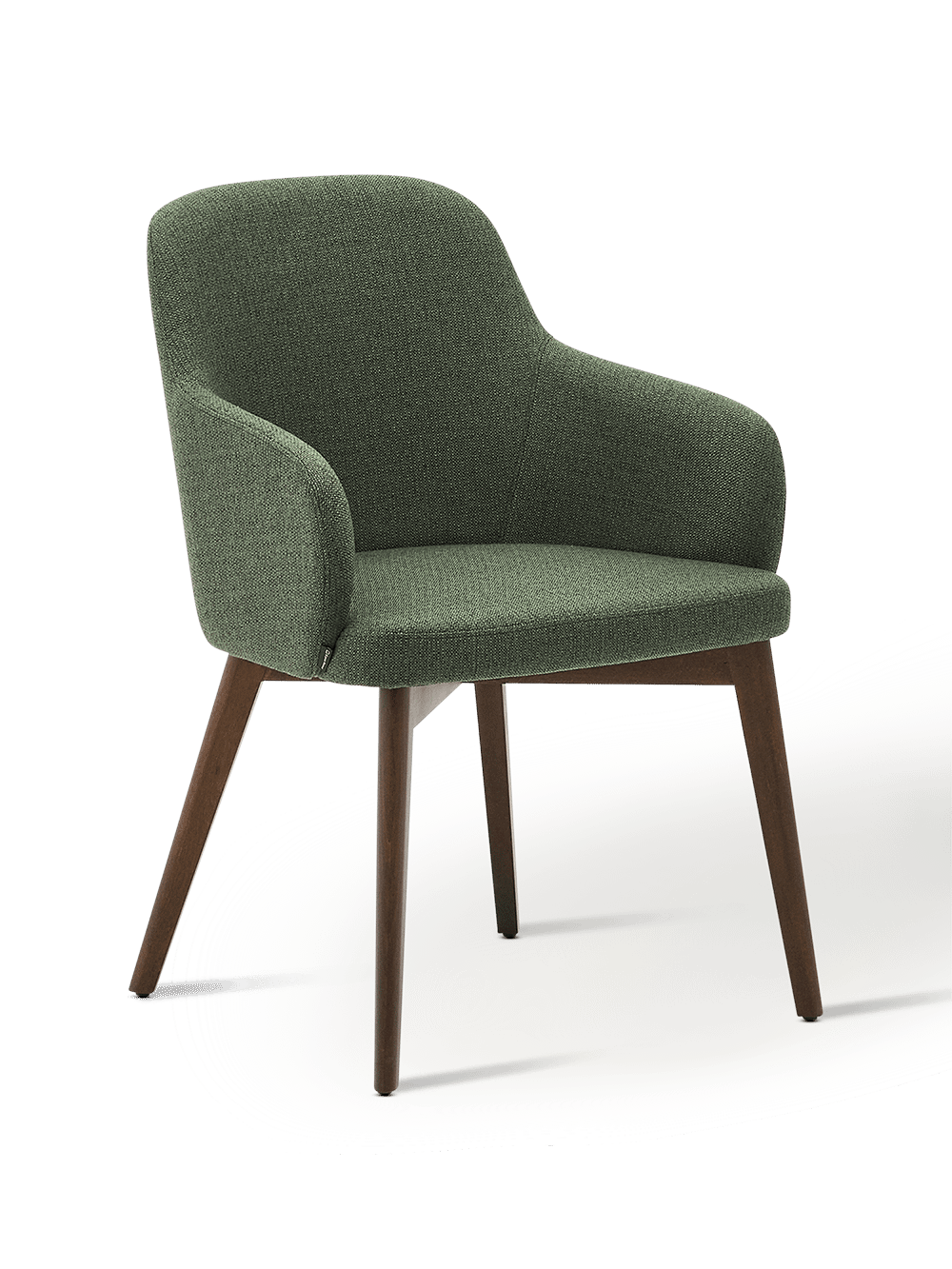 Stoel Nelida van FSC 100% massief beukenhout met een walnoot afwerking en een groene chenille bekleding 