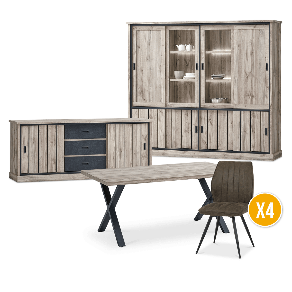 Eetkamer VIENNA: Dressoir + Glaskast B238 + Tafel 190x95 + 4x Stoel DIEGO Bruin